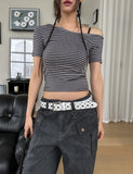 Toe Stripe Unbalance Shoulder Short Sleeve