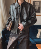 Frill High Neck Balloon Leather Jacket