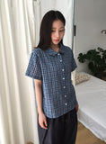[BAONHAUS] Krunen Linen Check Short Sleeve Shirt Blouse