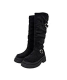 Double Buckle Suede Platform Sole Long Boots