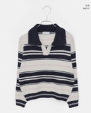 Nobin Stripe Color Matching Collar Long Sleeve Knit