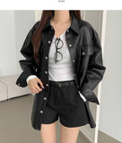 Tantan Chic Pocket Button Loose Fit Leather Jacket