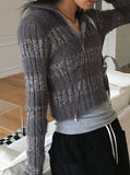 Near angora fur color matching stripe two-way diagonal zipper long sleeve knit