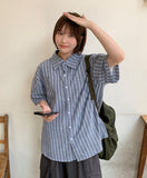 [unisex] Bubblet Stripe Linen Over Short Sleeve Shirt