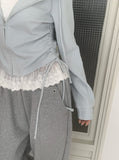 Hoan Lace Sleeveless Shirring Hood Zip-Up