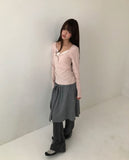 Dew Lace Loose Fit Button Shirring Long Sleeve T-Shirt