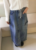 Pluck cut cargo pocket back band slit denim long skirt