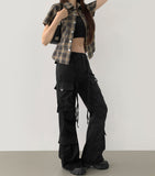 Waist Strap Low Waist Pocket Shirring Pin Tuck Wide Bootcut Pants
