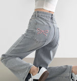 Pink Ribbon Embroidery Point Light Blue Wide Denim Pants