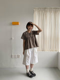 Geljik Check Frill Round Short Sleeve Blouse