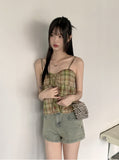 Rifen Check Cap Shirring Ribbon Flare Strap Sleeveless