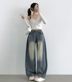 Summer ver cooling pleats side pintuck balloon wide fit pants