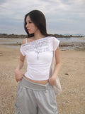 Miu Lettering Off-Shoulder Shirring Short Sleeve T-Shirt