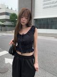 Evil Shirring Crop Puff Ribbon Smoke Blouse