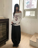 Dua Number Star Printed Unbalanced Off-Shoulder Long-Sleeve T-Shirt