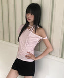Melving Dot One Off-Shoulder Strap Short Sleeve T-Shirt