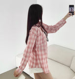 Color Matching Check Pastel Tone Loose Fit Long Sleeve Shirt