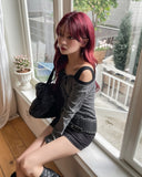 Signal Button Stripe Off-Shoulder Long Sleeve