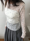 Zaina Tencel U-Neck See-through Flower Layered Long Sleeve Tee