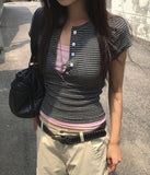 [MADE] Momin Stripe Color Matching Button Layered Slim Short Sleeve T-Shirt