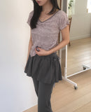 Butting Shirring V-neck Short Sleeve T-shirt