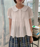 Keycon Round Shirring Short Sleeve Blouse