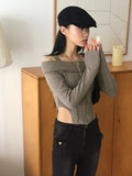 Temt Off-Shoulder Slit Line Ribbed Crop Zip-Up