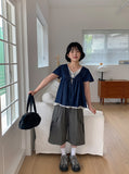 Cheatero Denim Layered Short Sleeve Blouse