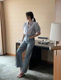Two Pin Stripe Puff Short Sleeve Shirt Blouse