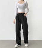 Buckle brushed straight wide fit cotton pants