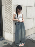 [A/M] Ruched Side Pintuck Washing Wide Denim Pants