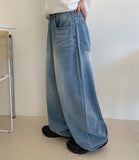 Tzuiti Cat Washing Light Blue Wide Denim Pants