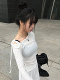 Block Unbalance Off Shoulder Shirred Long Sleeve Tee