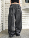Lafec Stripe Color Matching String Long Wide Pants