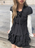 Lotte Dot Frill Ribbon Slim Short Sleeve Blouse