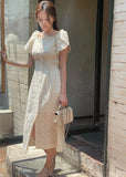 Ruckbell Square Neck Embroidered Tulip Pintuck Long One Piece