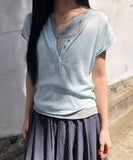 Skew Button V-Neck Short Sleeve Knit