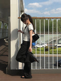 Demin Flower Ribbon Puff Short Sleeve T-Shirt