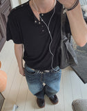 Nebi Shoulder Snap Henley Neck Short Sleeve T-shirt