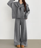 Shawl V-Neck Knit Long Wide Banding Pants Three Piece Wool Two Piece Set