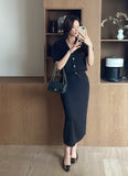 Elnia V-neck Puff Knit Cardigan H-Line Skirt Set