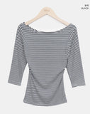 Velko Boat Neck Stripe Side Shirring Three Quarter T-shirt