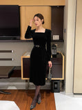 Mamon Velvet Square H Line One Piece (Belt Set)