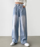 String Stopper Washing Long Wide Denim Pants