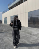 Rising black blue strap wide pants