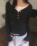 Soya Dot Half Button V-Neck Long Sleeve T-Shirt