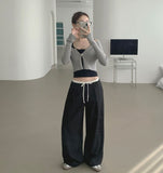 Color Matching Banding Side Zipper Pintuck Wide Slacks Pants