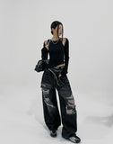 Cork damage washing wide denim pants
