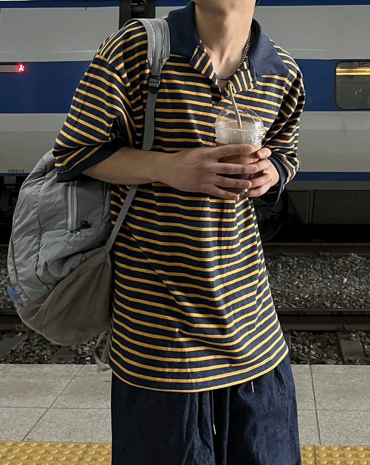 【COSYHARU】Color scheme stripe collar tee COSYHARU (コシハル) - カラーストライプ襟付きTシャツ / Color