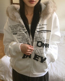 [Brushed Lining] Biffon Lettering Loose Fit Fur Hood Zip-Up